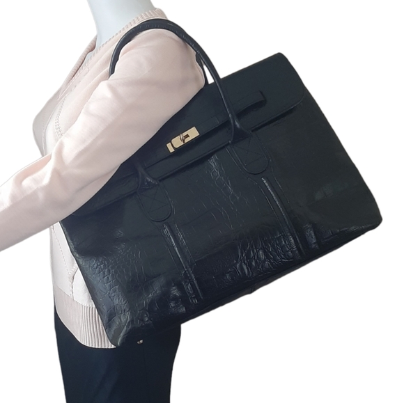 BOL-PERDIX Croc Embossed Leather Flap Front Large Satchel Black - Picture 4 of 12